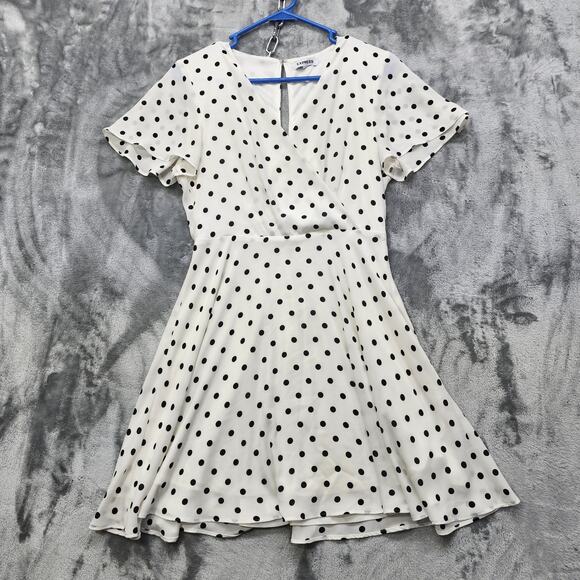 Express Dress Womens 8 White Black Polka Dot Flutter Sleeve Fit & Flare Lined - Picture 1 of 10